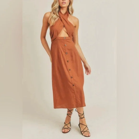 LUSH RUSTIC BROWN MIDI DRESS - SM043 - Picture 4 of 6